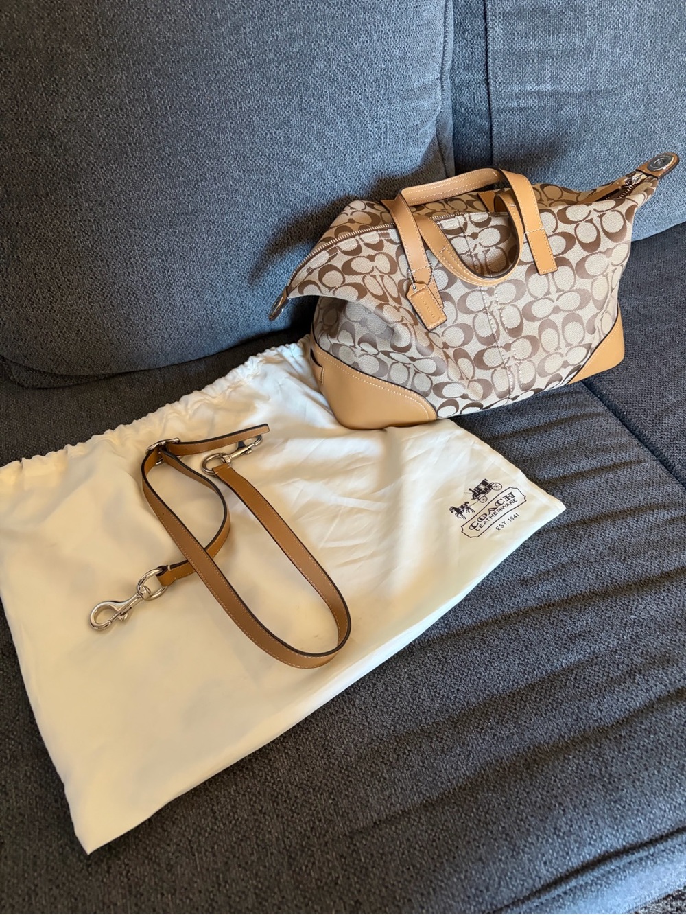 Coach Signature Canvas Shoulder Bag in Beige and Tan Leather